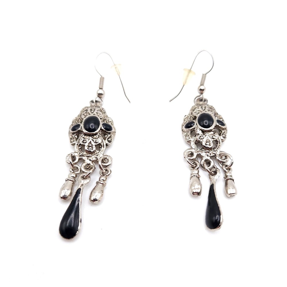 Victorian Dangle Earrings Silver Filigree Faux Onyx Gothic